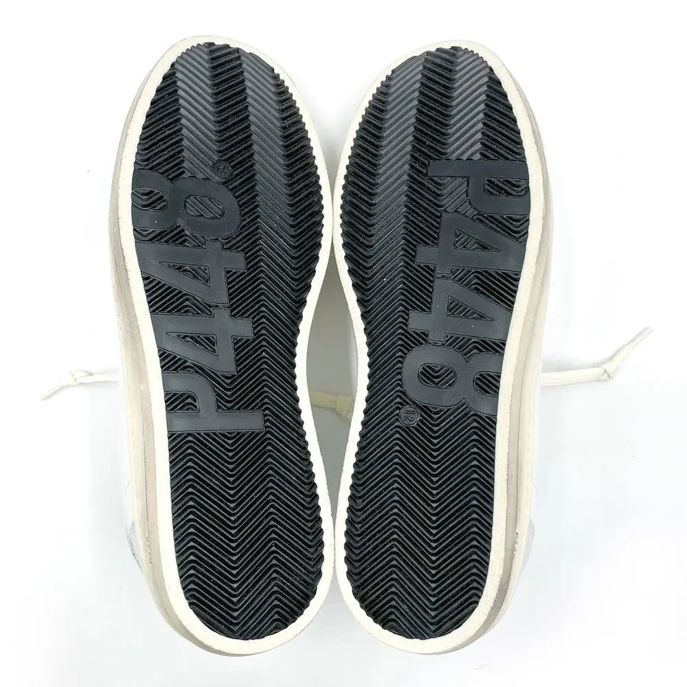 P448‎ John Lama Sneaker White Silver Lace Up Low Top Leather Sz 41 / 10.5